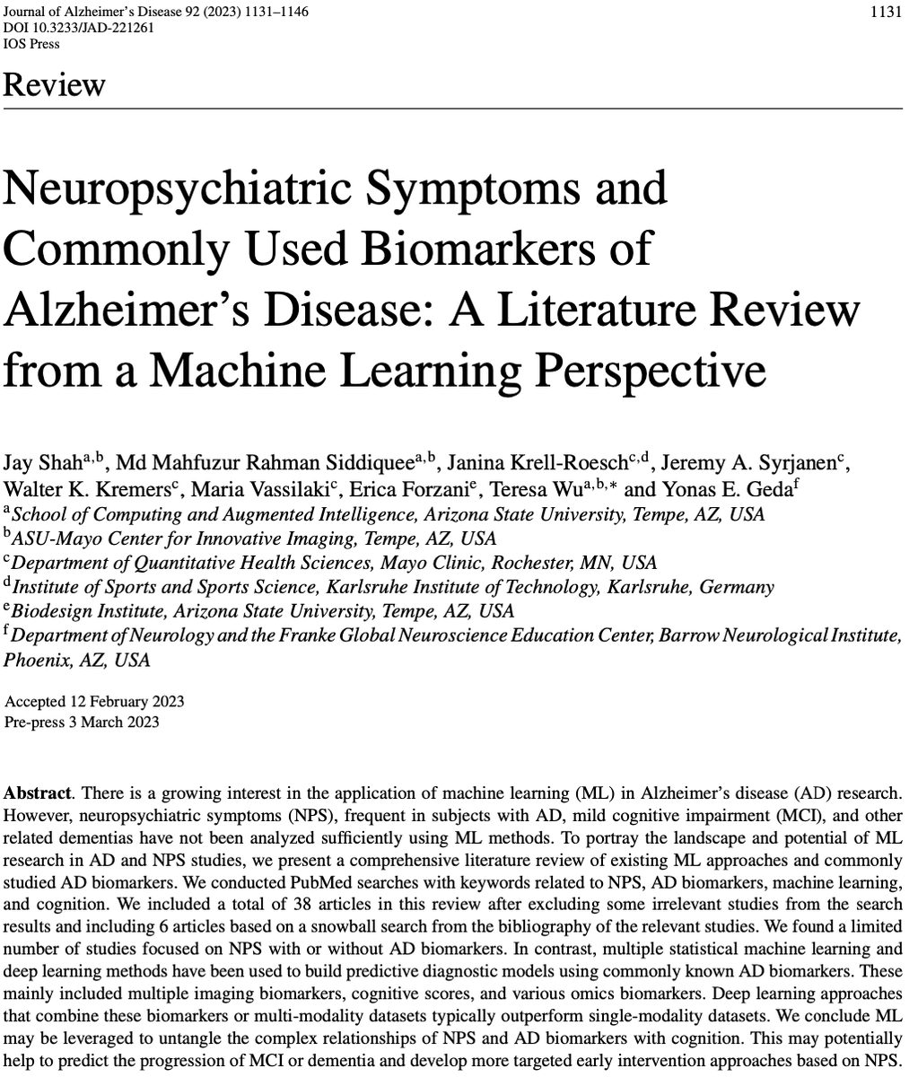 Our literature review on how Machine Learning can help untangle complex relationships of Neuropyschiatric Symptoms & Alzheimer’s disease biomarkers in context of brain aging is out now: content.iospress.com/articles/journ… @IOSPress_STM @journal_ad cc: @YonasGeda, @JaninaKrell, @mahfuzbd