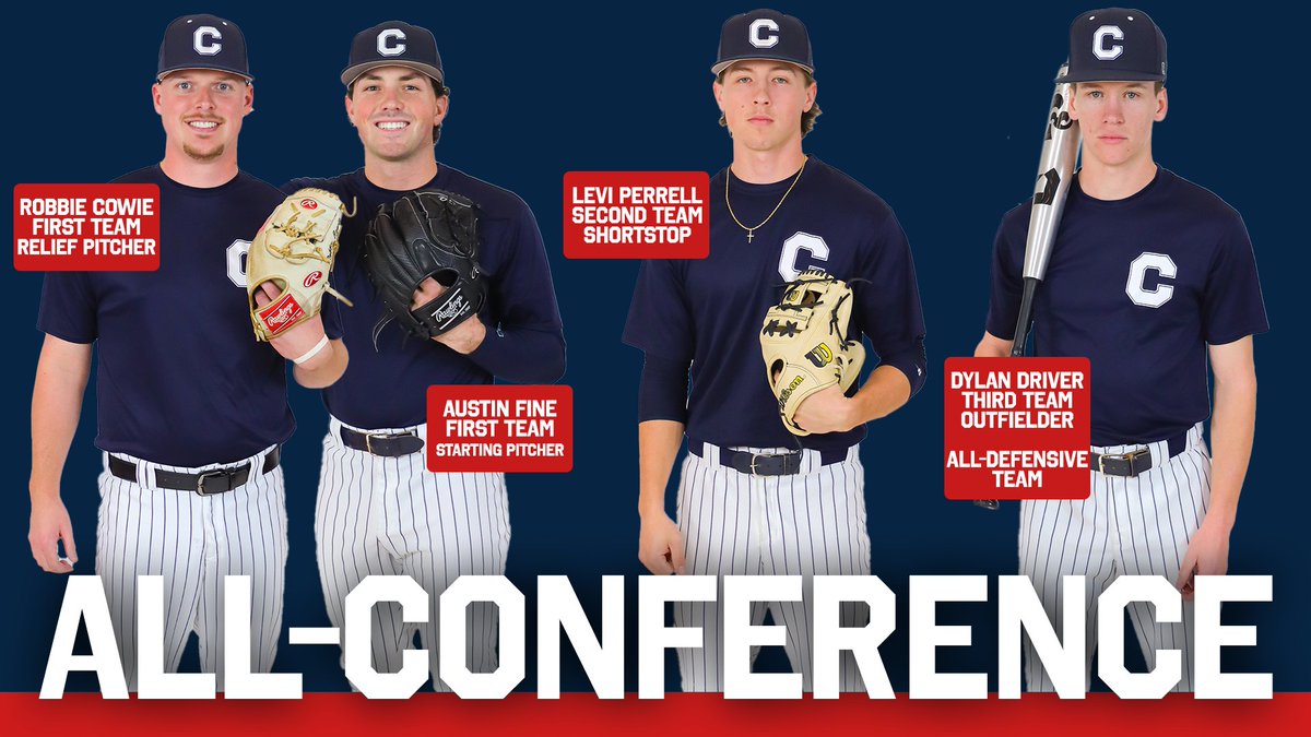 CatawbaIndians's tweet photo. .@CatawbaBaseball puts 4⃣ on the all-conference teams!

Cowie &amp; Fine earn First Team nods, Perrell is a Second Team selection and Driver received Third Team and All-Defensive Team recognition!

Catawba starts SAC tourney play at Wingate tomorrow.

🗞️➡️https://t.co/K1nYbneJWn https://t.co/M6HCMwuWBp