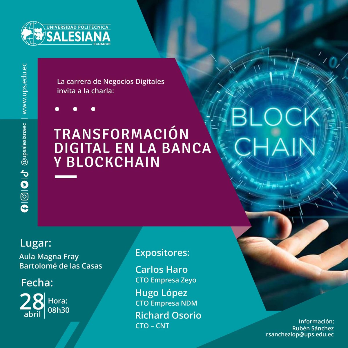 zeyoblockchain's tweet photo. El día de mañana estaremos presente en la charla de Transformación digital en la banca y Blockchain por la Universidad Politecnica Salesiana, donde compartiremos como la revolución #blockchain esta cambiando las industrias de todo el mundo

¡Les esperamos!
#UPSQuito... https://t.co/uOI9s9uBNe