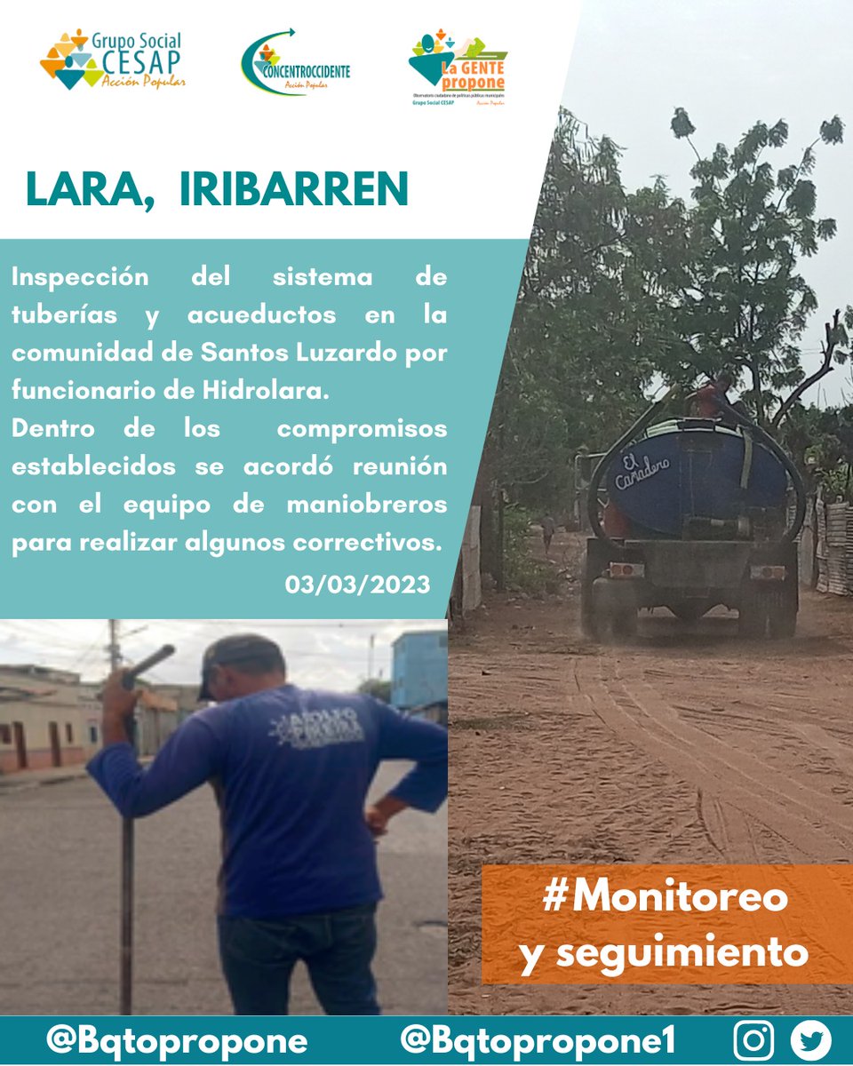 bqtopropone1's tweet photo. #LaGentePropone Se llevó a cabo una inspección al sistema de tuberías y acueductos en la comunidad de Santos Luzardo por parte de Héctor Díaz funcionario de @HidrolaraCA_.
#SomosCESAP #Incidencia #27Abr https://t.co/YRzbfsKYjD