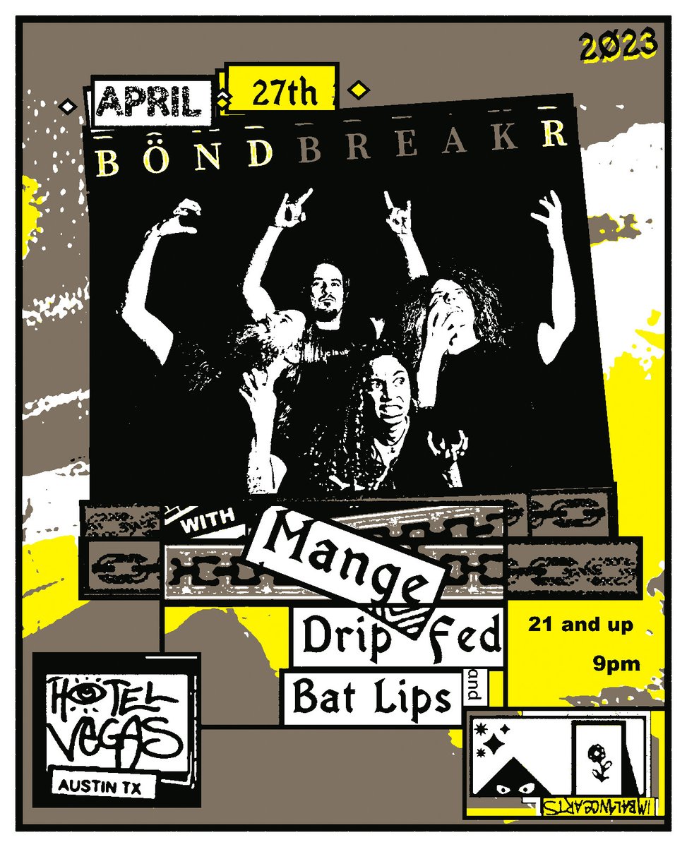 HotelVegasATX's tweet photo. โผ TONIGHT โผ
โ
on the grandstand
Doors at 9pm
10:00pm - #BatLips
10:45pm - @dripfedtx
11:30pm - @bondbreakratx
12:15am - @mangemusic
โ
on the patio
๐ FREE set from #VirginiaCreeper at 9pm!
๐ #lefteyecollective 8pm-midnight!
๐ง Freak Assembly w/ HOLLYWOOD JONES at 10pm! https://t.co/B37I1ke7jO
