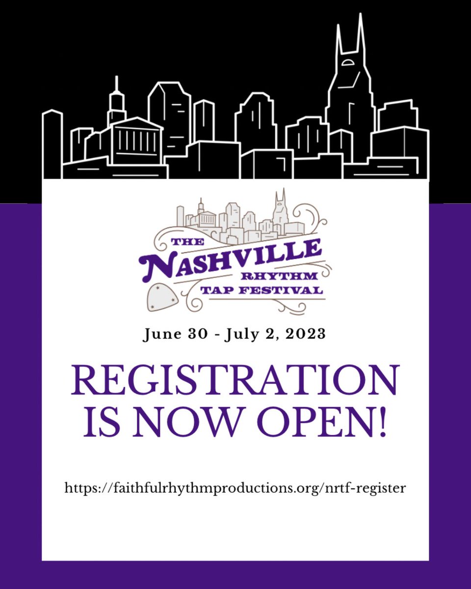 FRPNashville's tweet photo. 🚨 REGISTRATION IS NOW OPEN! 🚨
Register for the First Annual Nashville Rhythm Tap Festival, produced by Faithful Rhythm Productions, at https://t.co/DpbSMF8Ig2!
The NRTF is from June 30 - July 2, 2023!
#NRTF2023 #TheNashvilleRhythmTapFestival #tapdance #tapfest #tapfestival https://t.co/0YOj139mlO