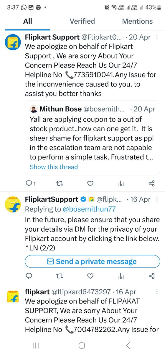 bosemithun77's tweet photo. @flipkartsupport these auto response numbers are all fraud numbers sending otp and asking to download app..kindly look into this..all ppl from Assam all fraudsters...luckily from banking sector hence was saved. there are many who may get charged just contacting for support https://t.co/PouYancvJ7