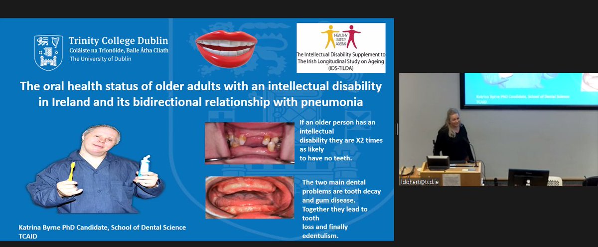 @DentalSchoolTcd PhD student with @IdsTilda Katrina Byrne presented on her research on #OralHealth status of older adults w/ #IntellectualDisability in Ireland & it's bidirectional relationship w/ #Pneumonia at the Faculty of Health Sciences #Research Blitz at @tcddublin.