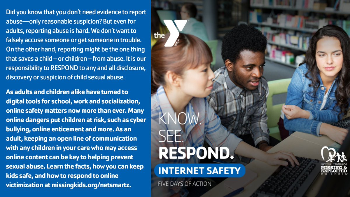 It is our responsibility to RESPOND to any and all disclosure, discovery or suspicion of child sexual abuse. Learn the facts, how you can keep kids safe, &amp; how to respond to online victimization at bit.ly/3ntQyJN. #FiveDaysofAction #PavYMCA #YMCA #ForABetterUs