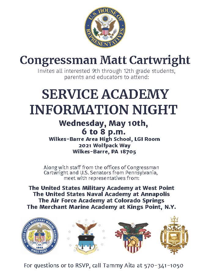 DVHSCounselors's tweet photo. All interested 9th through 12th grade students:
SERVICE ACADEMY
INFORMATION NIGHT 
Wednesday, May 10th,
6 to 8 p.m.
Wilkes-Barre Area High School, LGI Room https://t.co/UzmNcBxP8n