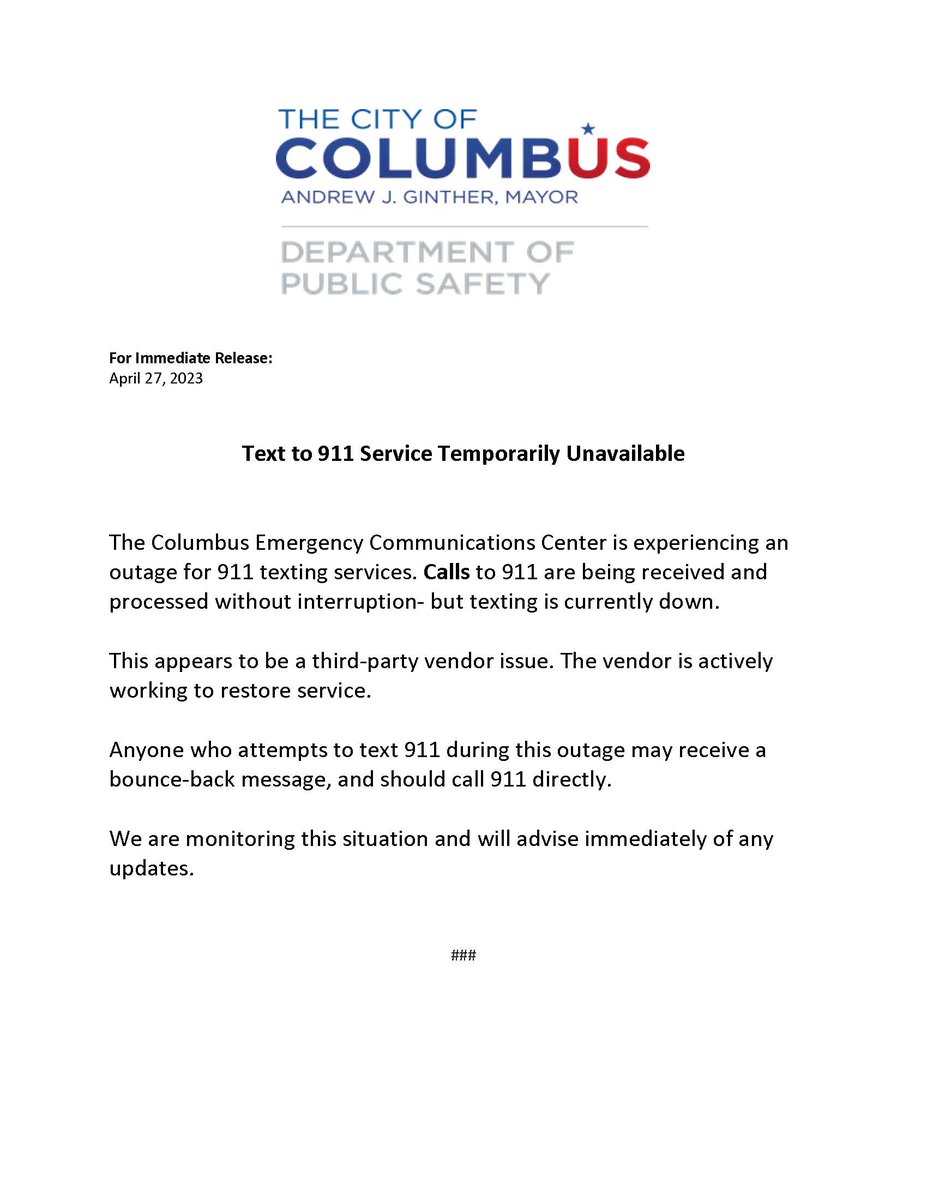 ColumbusSafety's tweet photo. Text to 911 Service Temporarily Unavailable. https://t.co/EgAkTd6aso
