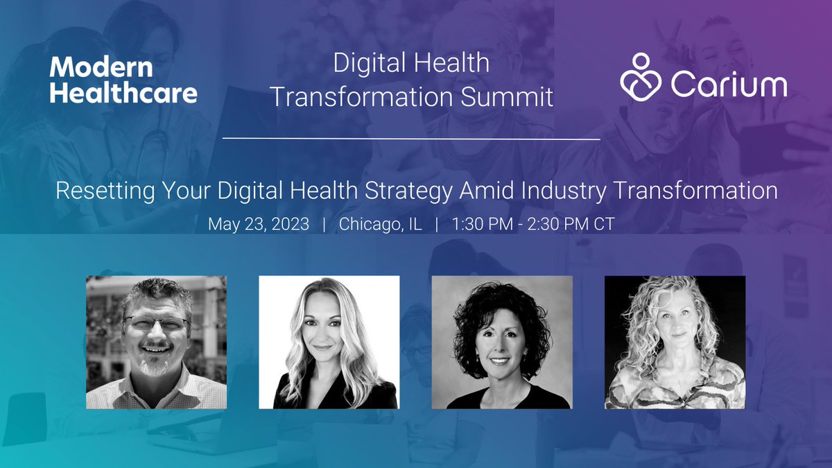 Carium (@cariumcares) on Twitter photo This is a must-see panel at <a href="/modrnhealthcr/">Modern Healthcare</a> 's Digital Health Transformation Summit in May on resetting your strategy💡
Teresa Andrea, CIO at <a href="/SilverCrossHosp/">Silver Cross Hospital</a>
<a href="/GraceCordovano/">Enlightening Results 💡</a>, Founder at Enlightening Results
<a href="/RichAtCarium/">Rich Steinle</a>, CEO at Carium
See you there! 👋
modernhealthcareevents.com/event/6b073abd… This is a must-see panel at <a href="/modrnhealthcr/">Modern Healthcare</a> 's Digital Health Transformation Summit in May on resetting your strategy💡
Teresa Andrea, CIO at <a href="/SilverCrossHosp/">Silver Cross Hospital</a>
<a href="/GraceCordovano/">Enlightening Results 💡</a>, Founder at Enlightening Results
<a href="/RichAtCarium/">Rich Steinle</a>, CEO at Carium
See you there! 👋
modernhealthcareevents.com/event/6b073abd…
