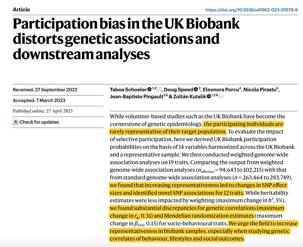 Eric Topol (@erictopol) on Twitter photo The <a href="/uk_biobank/">UK Biobank</a> has been an invaluable resource for advancing biomedicine, but it should be recognized that there is an important participation bias
nature.com/articles/s4156… <a href="/NatureHumBehav/">Nature Human Behaviour</a> <a href="/TabeaSchoeler/">Tabea Schoeler</a> <a href="/zkutalik/">Zoltán Kutalik</a> @UNIL The <a href="/uk_biobank/">UK Biobank</a> has been an invaluable resource for advancing biomedicine, but it should be recognized that there is an important participation bias
nature.com/articles/s4156… <a href="/NatureHumBehav/">Nature Human Behaviour</a> <a href="/TabeaSchoeler/">Tabea Schoeler</a> <a href="/zkutalik/">Zoltán Kutalik</a> @UNIL