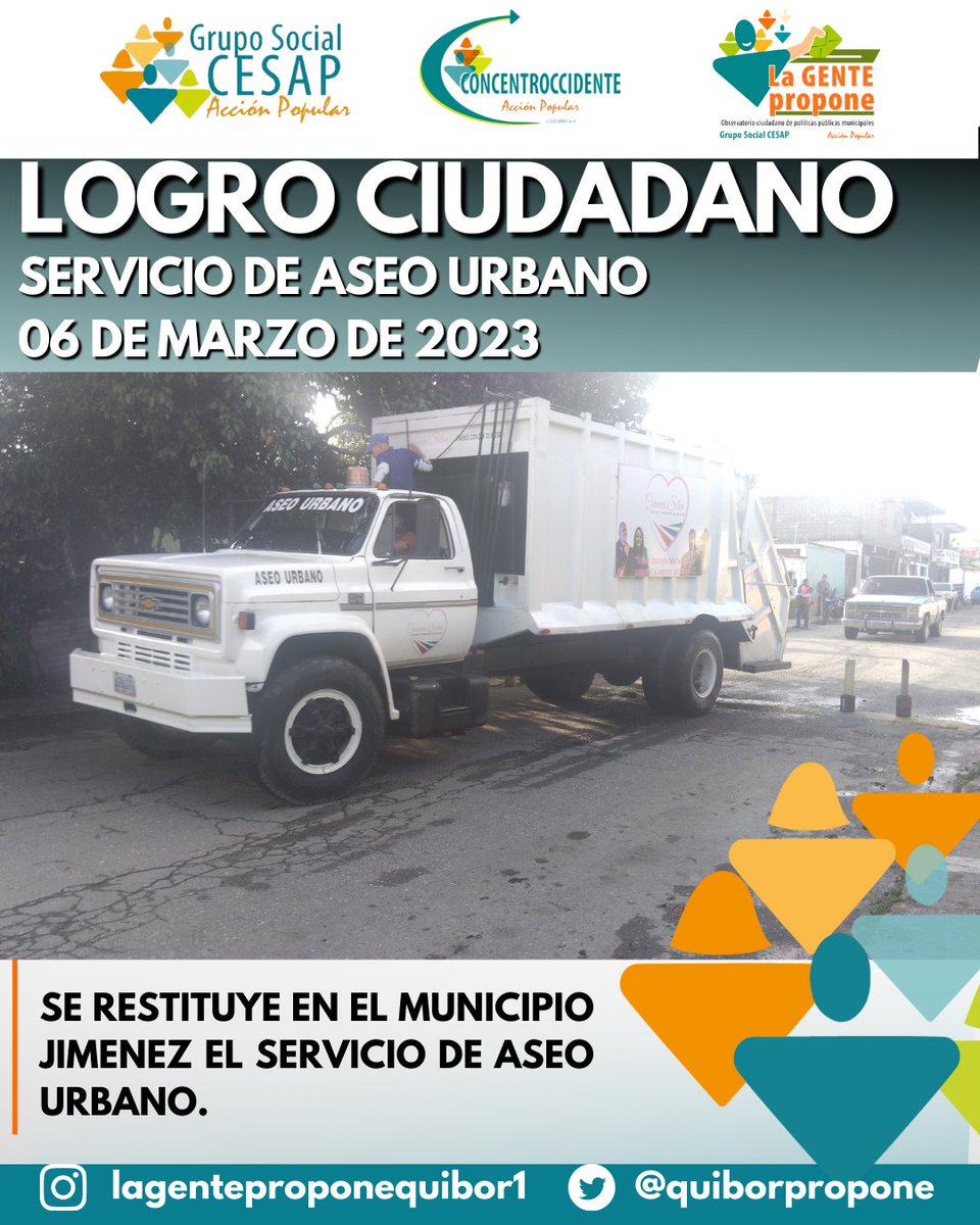 quiborpropone's tweet photo. Luego de 18 meses sin el servicio de aseo urbano y en efecto a las constantes mesas de diálogo, se logró el restablecimiento del servicio de recolección de desechos solidos en el casco central del municipio.
#SomosCESAP
#Incidencia
#27Abril https://t.co/DHQRiWYtXx