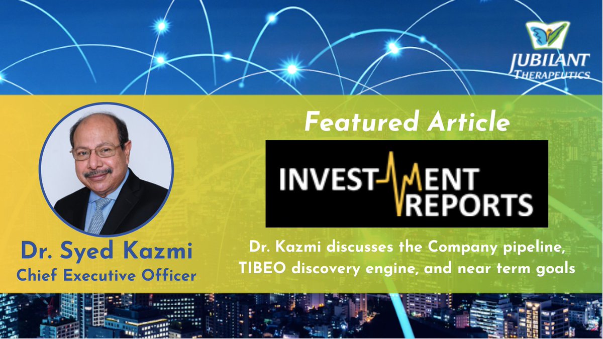 CEO, Syed Kazmi, Ph.D., spoke with Investment Reports, a <a href="/Newsweek/">Newsweek</a> provider, about the history of Jubilant Therapeutics, our areas of expertise in the industry, our TIBEO discovery engine helps achieve pipeline goals, &amp; our priorities for the near future.

bit.ly/446i29h