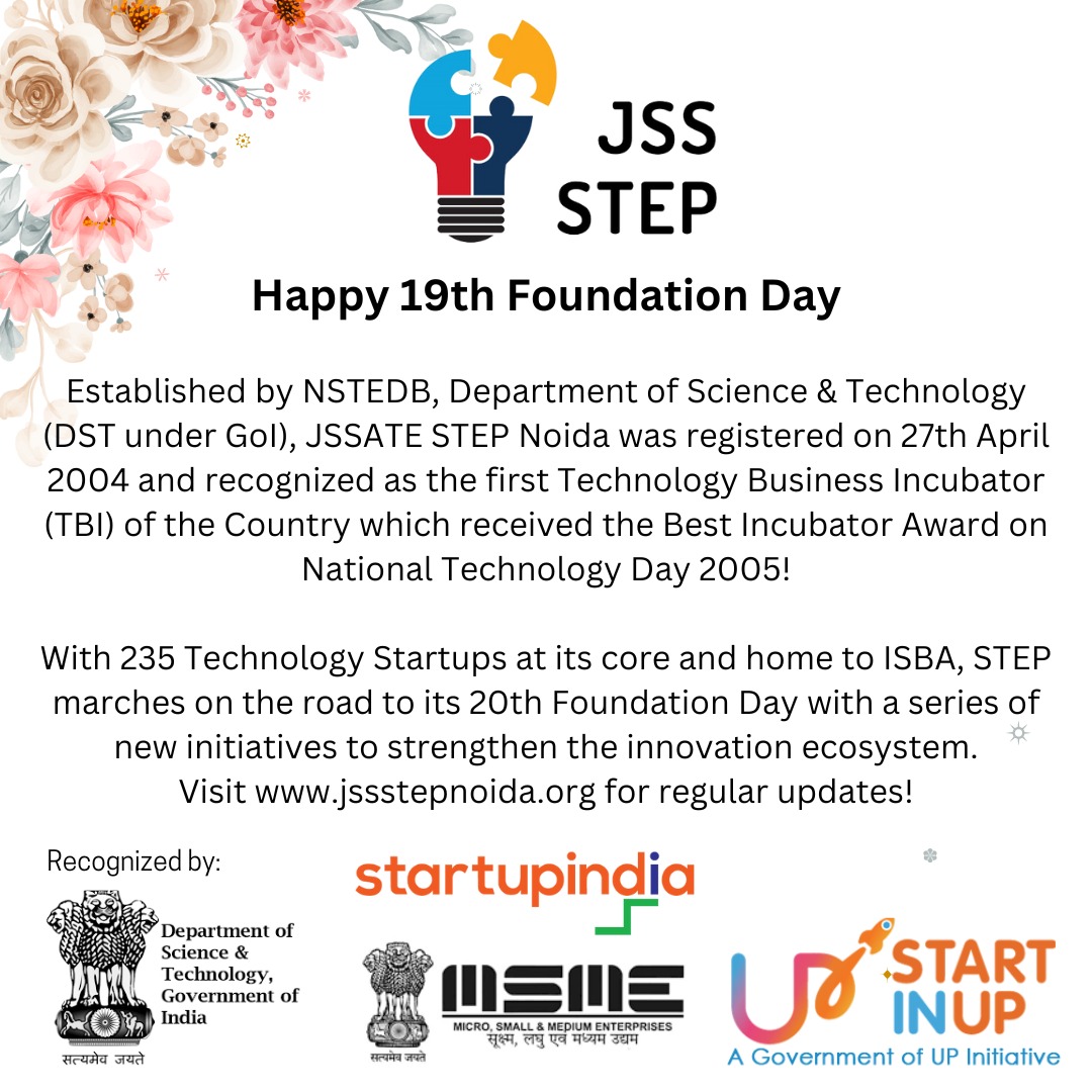 NoidaStep's tweet photo. JSSATE Science &amp; Technology Park (STEP) Noida completes 19 years of enabling emerging technology startups. JSS STEP Noida has implemented more than 39 Government programs worth 18 Crores, incubated more than 235 high-tech startups who have generated wealth, https://t.co/Aagp8a2VMs
