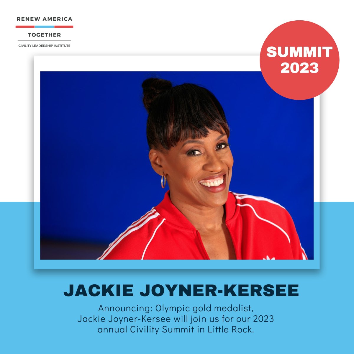 We're excited to announce Jackie Joyner-Kersee as our 2023 Civility Summit keynote address. Our 2nd annual event is for current &amp; alumni members of our Civility Leadership Institute. 

This is the last week to apply to be a part of our third cohort. renewamericatogether.org/cli/