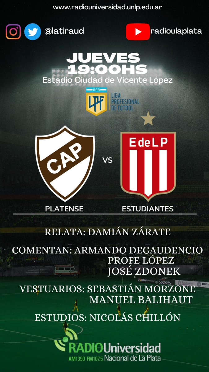 #SentimosElFutbol⚽
⏰ 19hs

#EDLP🆚 #Platense

🎙Relata: <a href="/damianzarate1/">Damián Zárate 💚☀️</a>
 🗣Comentan: Armando #Degaudencio <a href="/ElProfesorLopez/">El Profesor Lopez</a> <a href="/JoseZdonek/">José Manuel Zdonek</a> 

Junto a <a href="/sebamorzone/">𝙎𝙚𝙗𝙖</a> <a href="/nicolaschillon/">Nicolás Chillón Fouquet</a> Manuel Balihaut y equipo
 
📻 <a href="/radioulaplata/">Radio UNLP</a>
📱 youtube.com/@radioulaplata
🌐radiouniversidad.unlp.edu.ar
