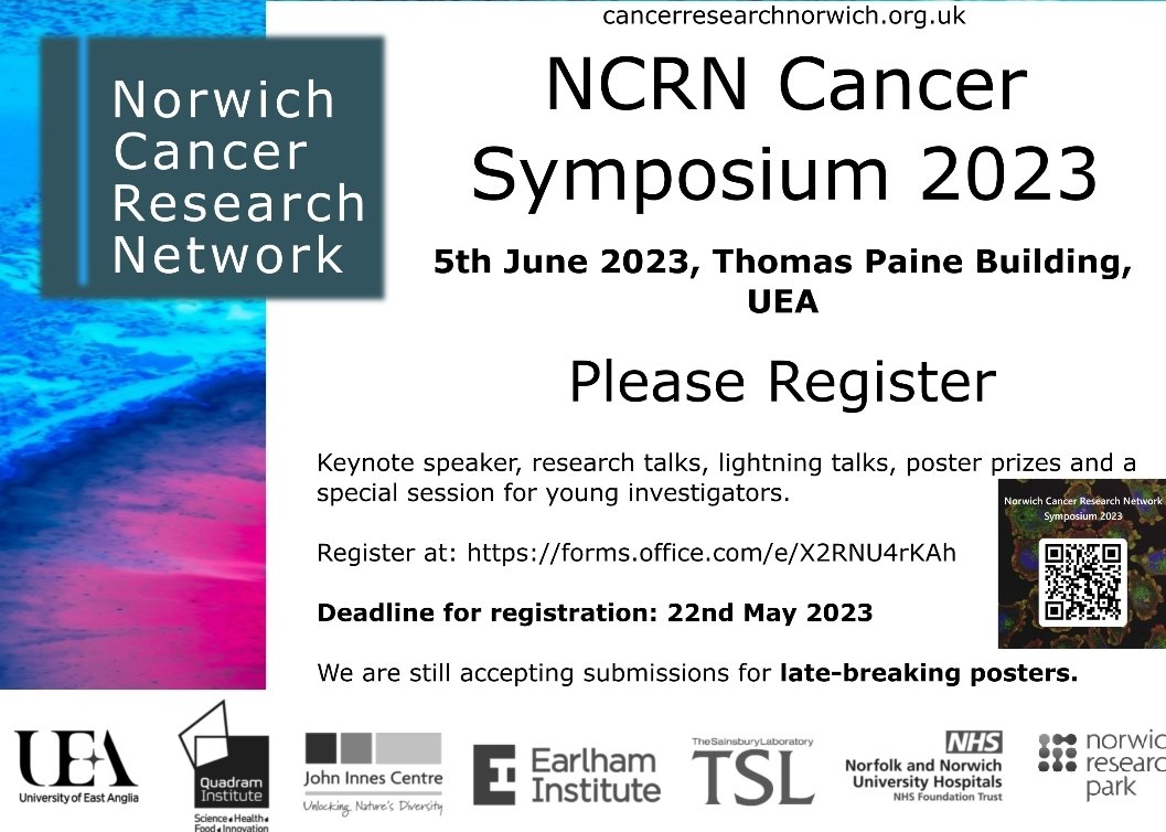 CancerInNorwich's tweet photo. There's still time to register and submit a late breaking abstract for our annual symposium, taking place on 5th June at the @uniofeastanglia. Registration closes on 22nd May- to register and submit your abstract, please head to: https://t.co/w4iQHPuD2q  #cancerresearch #NCRN https://t.co/ZYVFJ8PyDQ