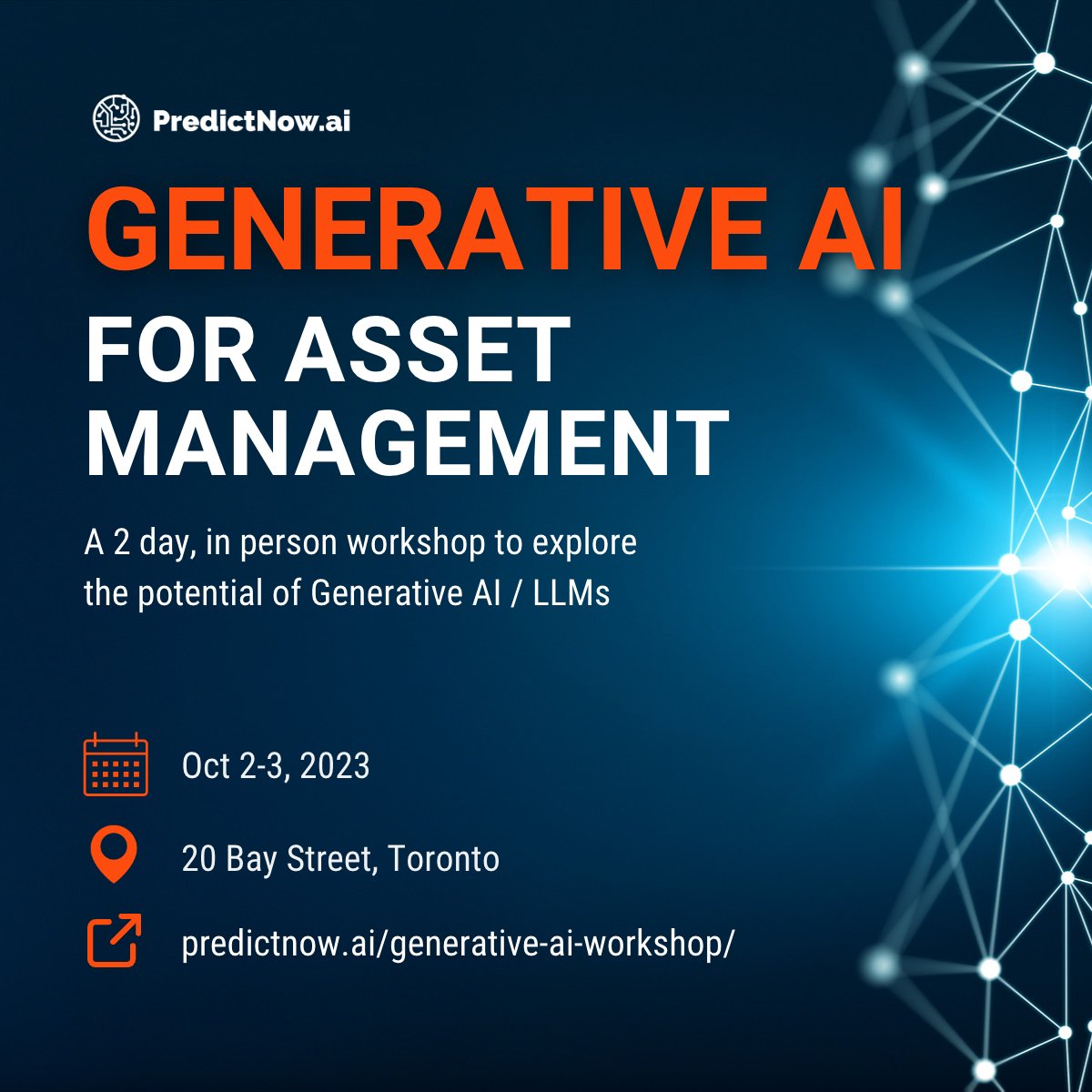 PredictNowAI's tweet image. 🗓️ Save the date! PredictNow.ai is hosting our first ever in person, 2-day workshop on #generativeai this fall. 

First 10 tickets are 50% off! Learn more and save you&apos;re spot here: predictnow.ai/generative-ai-…