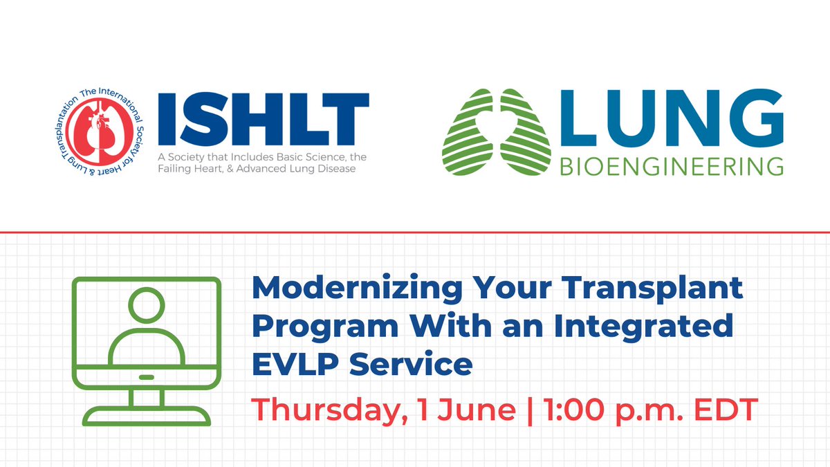 The ISHLT (@ishlt) on Twitter photo Join #ISHLT and Lung Bioengineering (LBE) on 1 June for a one-hour webinar where Matthew Bacchetta, MD from <a href="/VUMChealth/">Vanderbilt Health</a> @VUMCtransplant will provide a first-hand account of how his program has grown through utilization of EVLP services.
Free to register: ishlt.org/meetings-educa… Join #ISHLT and Lung Bioengineering (LBE) on 1 June for a one-hour webinar where Matthew Bacchetta, MD from <a href="/VUMChealth/">Vanderbilt Health</a> @VUMCtransplant will provide a first-hand account of how his program has grown through utilization of EVLP services.
Free to register: ishlt.org/meetings-educa…