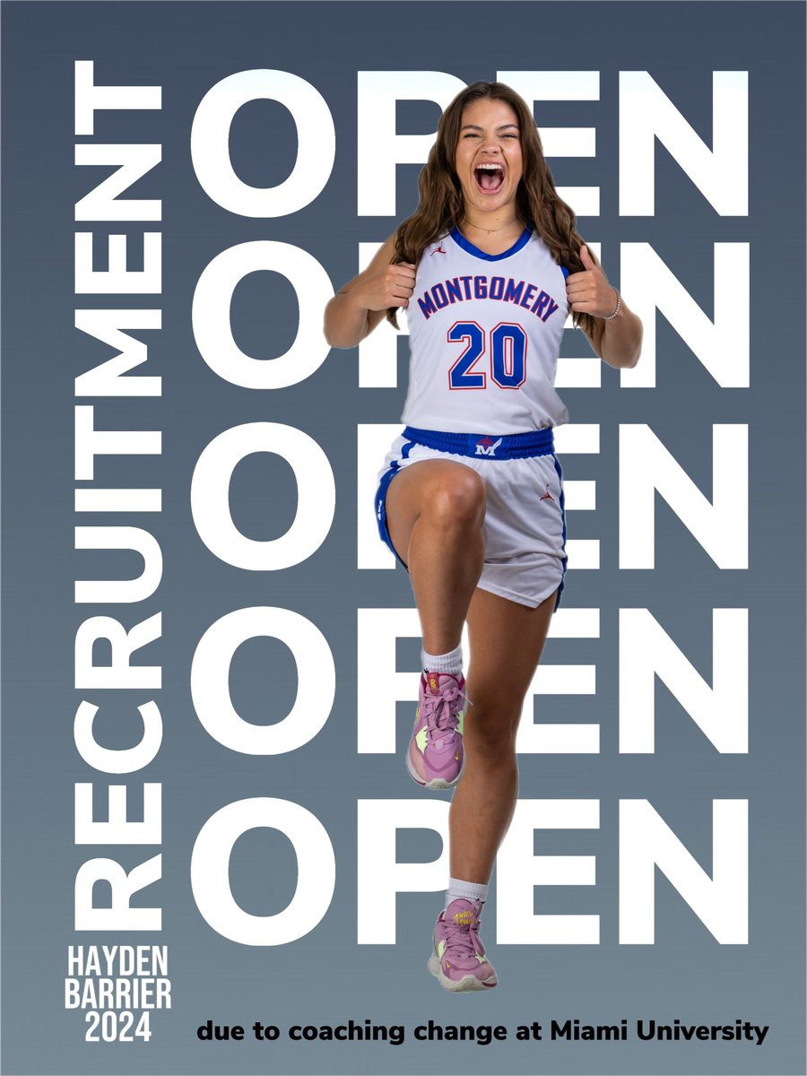 Due to recent coaching changes at Miami University, 2024 <a href="/mchsladyhoops/">Montgomery County Lady Indians Basketball</a> &amp; <a href="/WVThunderUAA/">West Virginia Thunder UAA</a> <a href="/hayden_lb/">Hayden Barrier</a> has opened her recruitment. This kid is gonna make someone a whole lot better. #riseup #knowhername
