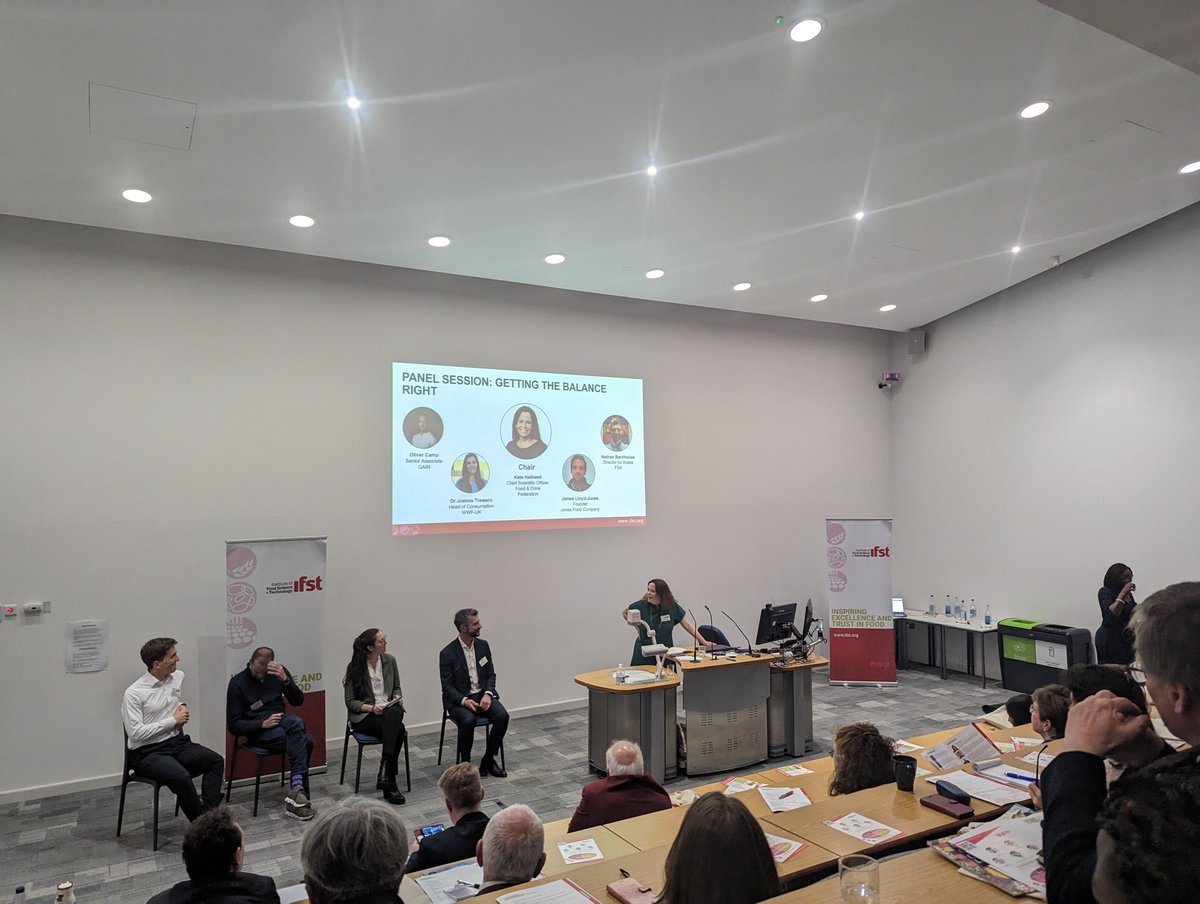 rhiannagamble's tweet photo. Last session of #IFSTSC23 - panel on getting the balance right, chaired by Kate Halliwell @Kate_FDF from @Foodanddrinkfed, w. panelists Oliver Camp @OWC93 from @GAINalliance, Dr @Joanna_Trewern from @wwf_uk, James Lloyd-Jones from @jonesfood_co & Nathan Barnhouse from @FSAWales https://t.co/9N9OBbXE2c