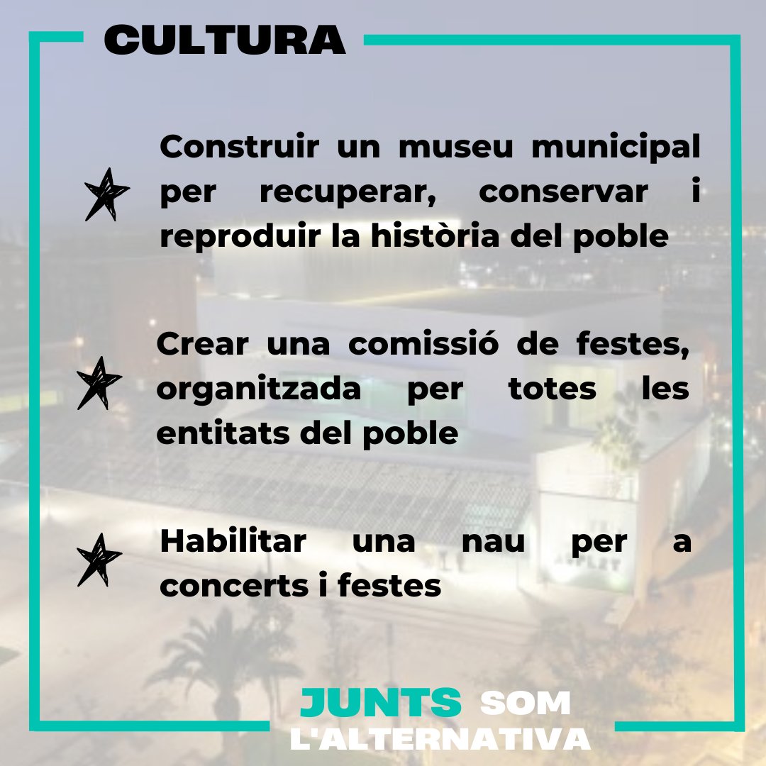 juntsxsab's tweet photo. Us presentem algunes de les nostres propostes en l'àmbit de la cultura.

Junts som l'alternativa! https://t.co/Hk6DygxYtf