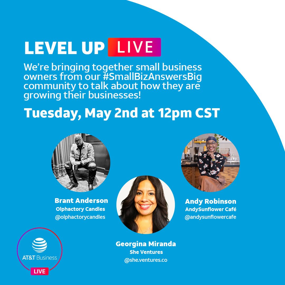 ATTBusiness's tweet photo. Join our LEVEL UP Live!

#SmallBiz owners from our #SmallBizAnswersBig community will chat about what they're doing to grow their business and what advice they would share with other #SmallBusiness owners looking to do the same.

To join: https://t.co/0YdiqfFIDA  5/2 @ 12pm CT https://t.co/ivx8HgKkRb
