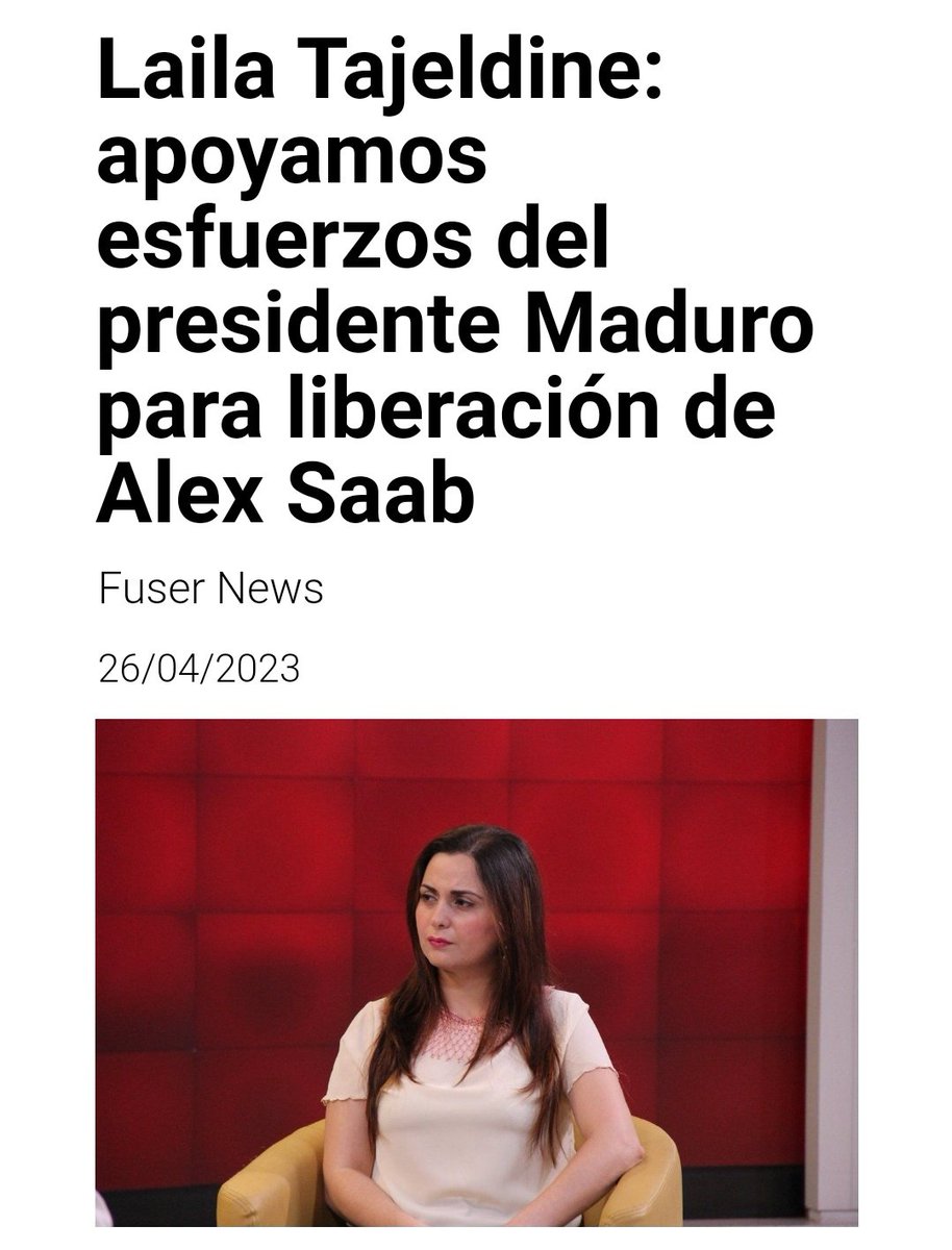 La abogada internacionalista <a href="/LailaTajeldine/">Laila Tajeldine</a> reiteró que la injusta prisión de Alex Saab “es un secuestro y 🇺🇸 lo tiene como un preso político; es un caso de ‘lawfare’ cometido por EE.UU. y ejecutado directamente”

fusernews.com/laila-tajeldin…

#FreeAlexSaab #LevantenElBloqueoYa