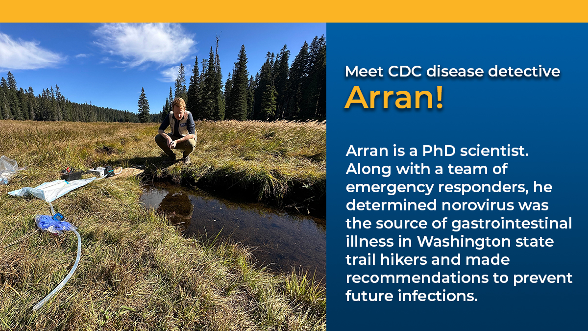 CDCgov's tweet photo. Epidemic Intelligence Service (EIS) officers investigate and respond to disease outbreaks and other #PublicHealth threats.
Learn more about the work Arran and other EIS officers are presenting at this week's 2023 annual EIS conference: https://t.co/M55HcQuI4H
#CDCEIS23 https://t.co/j9wwY0pXHq