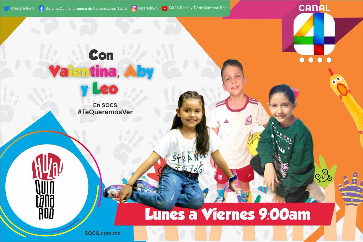 sqcsradioytv's tweet photo. Acompaña a Valentina, Aby y Leo este Día del Niñ@ en "Hola Quintana Roo", donde tendremos mucha diversión.
Sintonízanos este Viernes de 9 am a 11 am por el Canal 4.1 HD y las Redes Sociales del #SQCS.
#TeQueremosVer #YoSoySQCS #DíaDelNiño #HolaQuintanaRoo https://t.co/fHYoYO4U9k