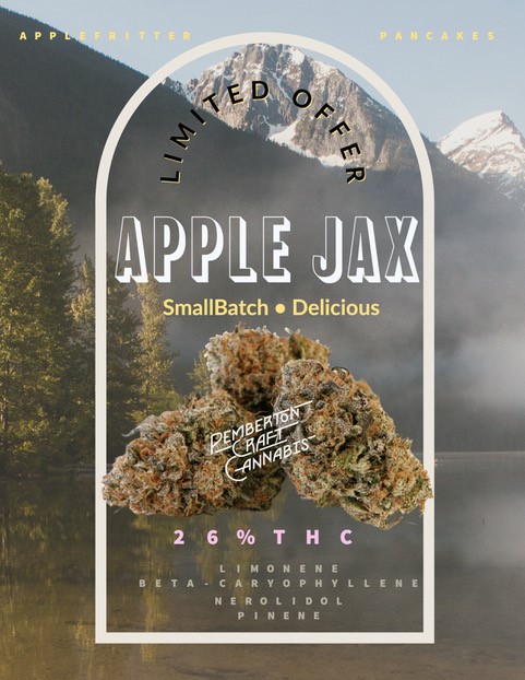 Apple Jax 3.5g flower from Pemberton Craft Cannabis now available in B.C.  Ask your local BC Cannabis retailer to bring it in for you. BC Craft Cannabis for BC consumers. 😍🥰💯% <a href="/PemCraftCanna/">Pemberton Craft Cannabis</a> <a href="/bccraftcoop/">BC Craft Farmers Co-op</a>