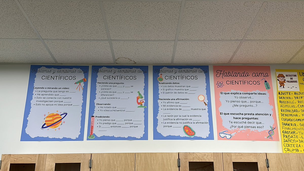 TefiBVV's tweet photo. Thank you @IreneZamoraSoto and @straus_jason for these amazing ideas for my Science classroom. On the left guiding sentences for talking/writing about science in Spanish, and on the right the Words Detectives! @RobertaRdMiddle @ParticipateLrng #teacherambassador #unitingourworld https://t.co/C8xjKuVeqS