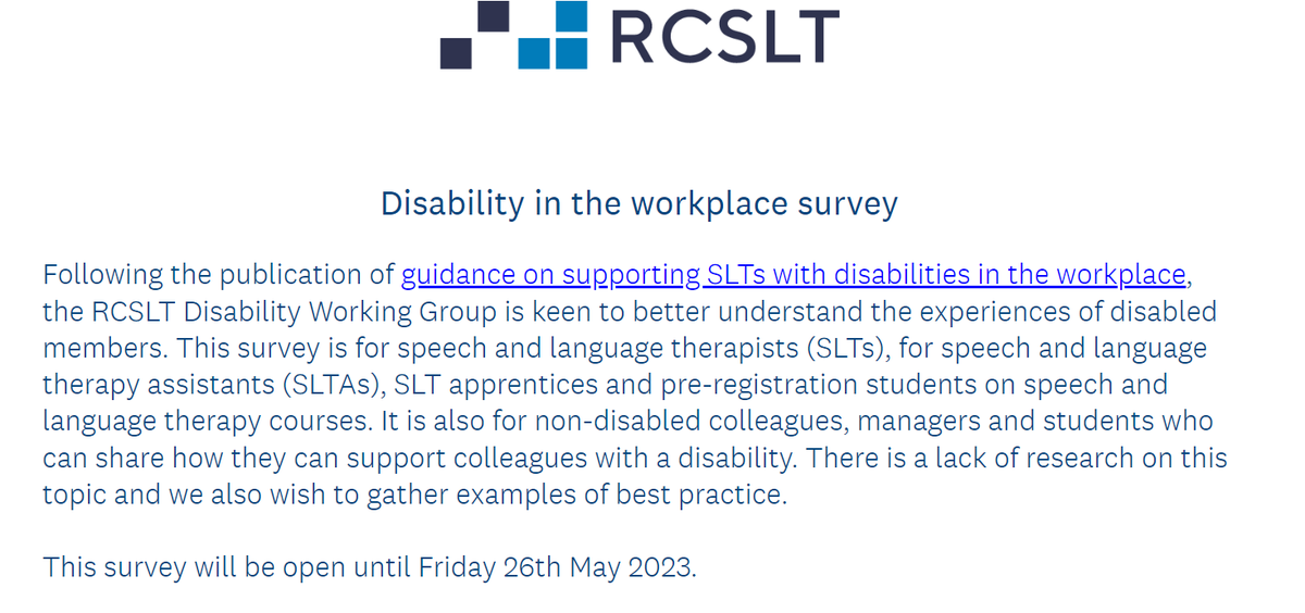 GivingVoiceUK's tweet photo. Calling RCSLT members! Please share your experience of disability in the workplace. You can take part whether you have a disability or not and even if you do not have a formal diagnosis. https://t.co/Myy1HAH0fA https://t.co/bcb5zEOLh0