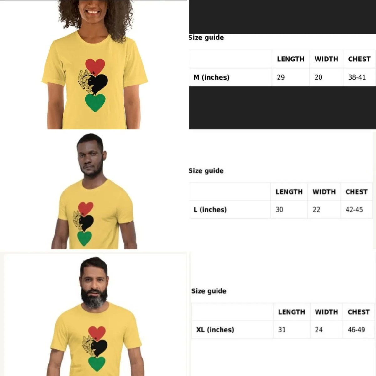 Juneteeth is coming. Tees available here. 
I'm wearing a sample in white. 3 sizes available in yellow. Select the corresponding picture on Etsy. 
Thanks😊❤️🖤💚
#Tee #TShirt #Tshirts #juneteenth #PanAfrican #Hearts #Butterflies #Unisex #Inclusive #RedBlackAndGreen #RedBlackGreen