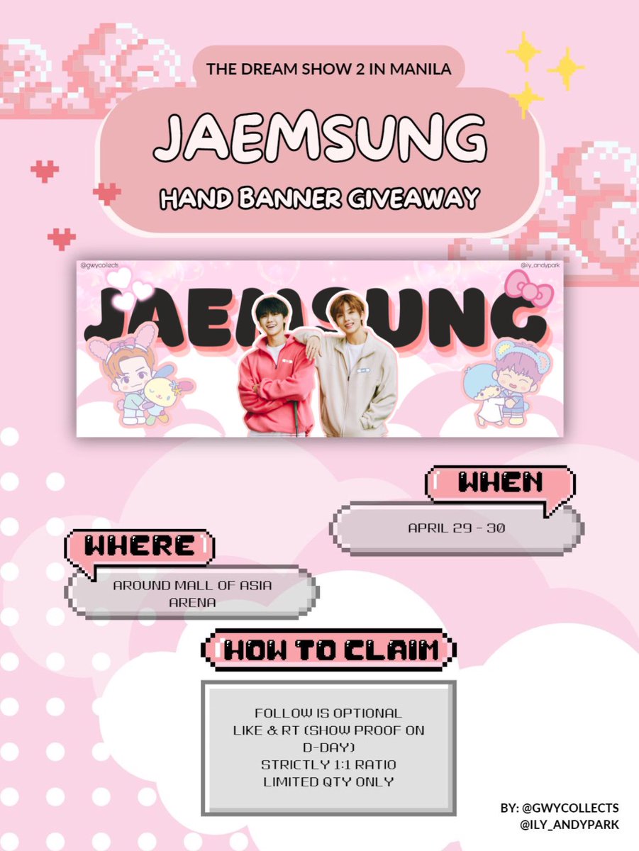 gwycollects's tweet photo. 〖 THE DREAM SHOW 2 IN MANILA 〗

ੈ♡ JAEMSUNG FAN SUPPORT GIVEAWAY! by @gwycollects &amp; @ily_andypark ༉‧₊˚✧

➯ open for all.ᐟ ♡
➯ time &amp; loc: 10 am; MAAX CBTL .ᐟ
➯ see pubmat for more details.ᐟ

see you everyone!! ༊*·˚

#JAEMSUNG
#TDS2inManila
#THEDREAMSHOW2_in_MANILA https://t.co/jMCrI0GIAC