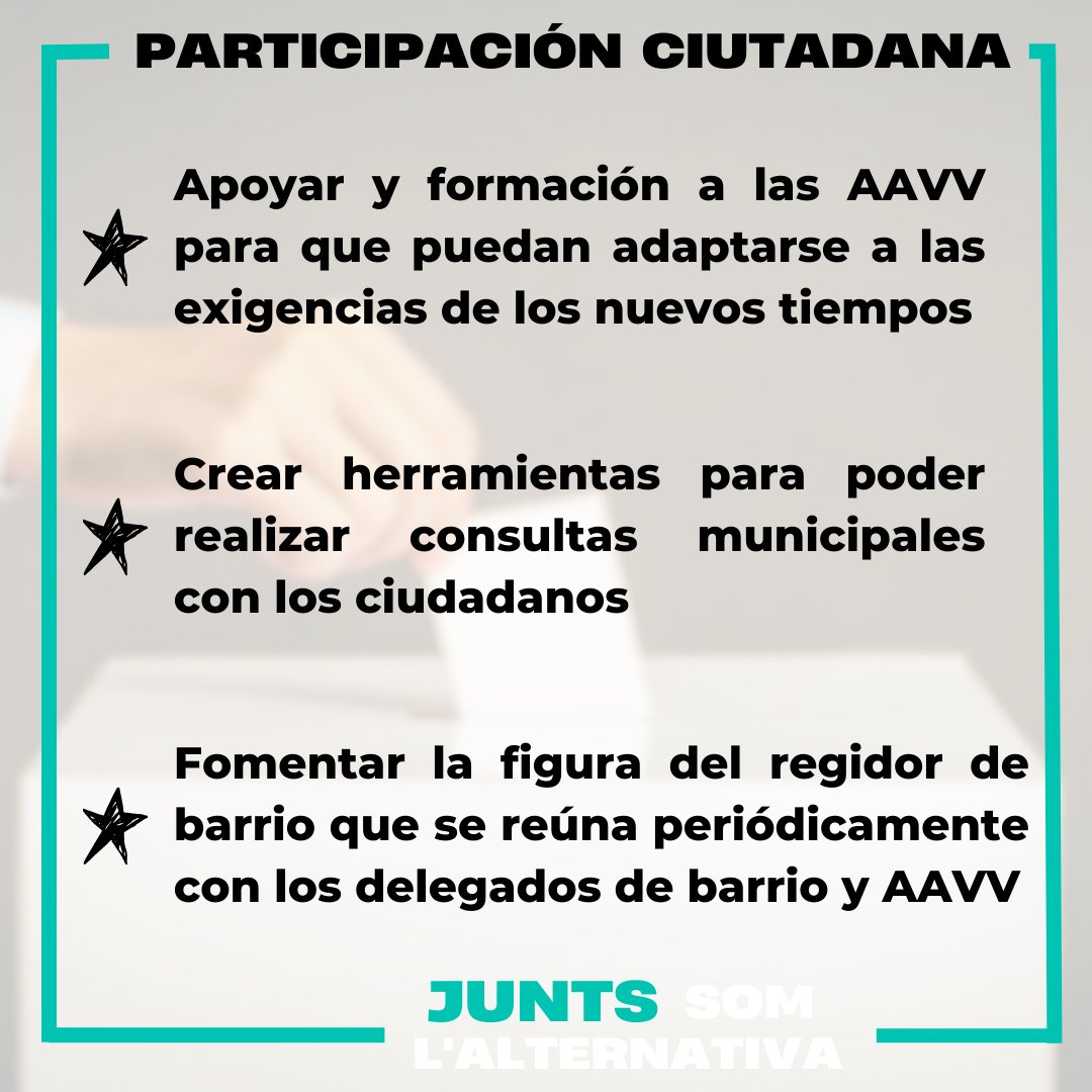 Us presentem algunes de les nostres propostes en l'àmbit de la participació ciutadana.

Junts som l'alternativa!