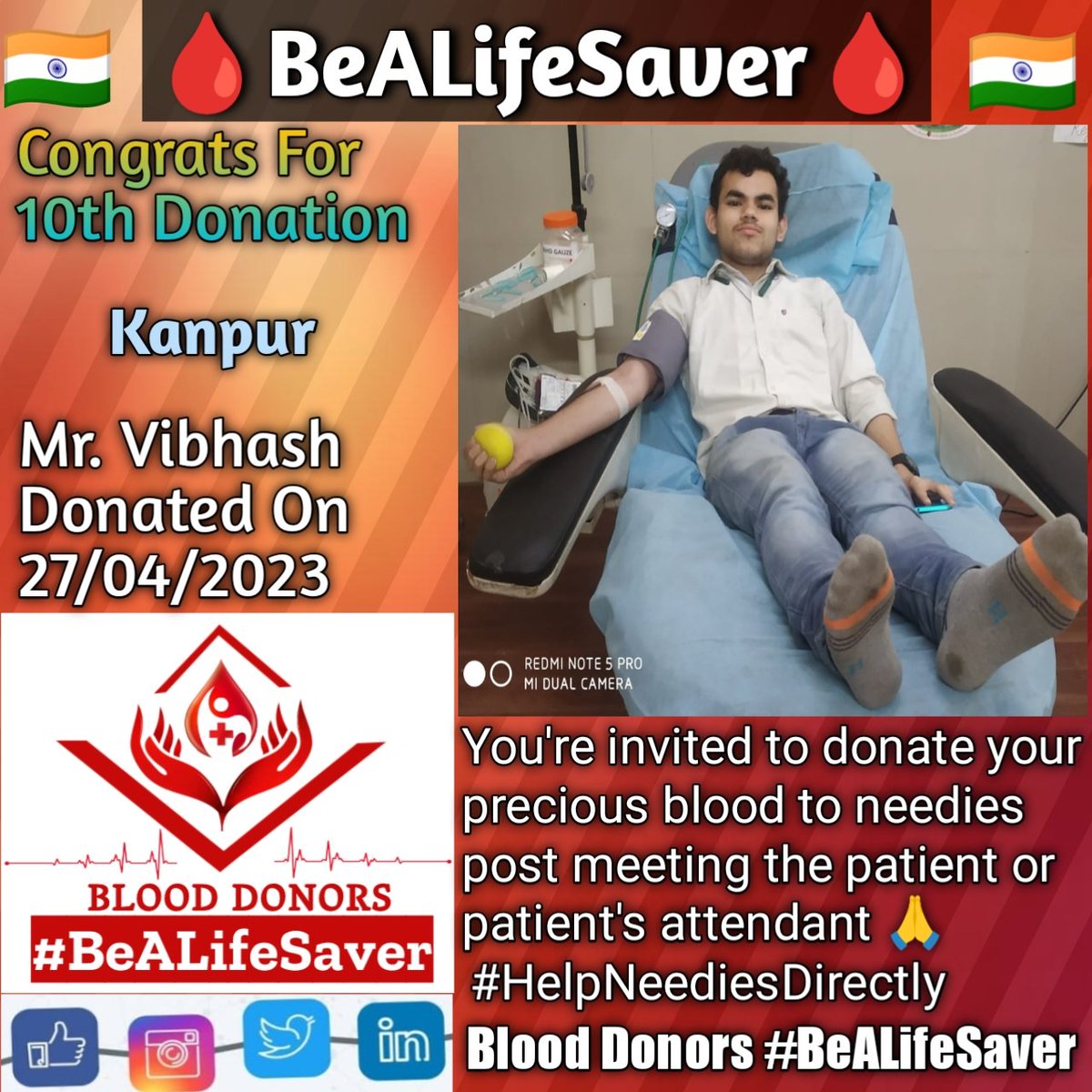 BeALifeSaver1's tweet photo. #Kanpur #BeALifeSaver
#Kudos_Mr_Vibhash_Ji
#HelpNeediesDirectly

Today's hero
Mr. #Vibhash Ji donated blood in #Kanpur for the #10thTime for one of the needies. #Heartfelt #Gratitude and #Respect to Vibhash Ji for his blood donation for Patient admitted in Kanpur. https://t.co/gP5g97t74u
