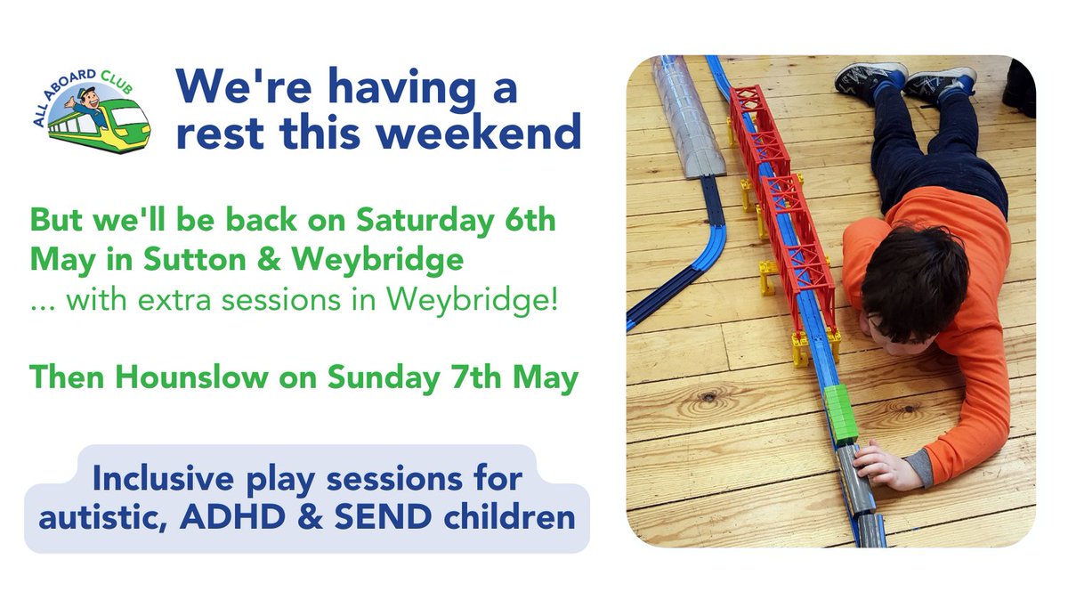 allaboardclub's tweet photo. 🚂 We're not running any sessions this weekend 😢
But we're back on Sat 6th May in #Sutton & #Weybridge (with *two* sessions at Weybridge). Then #Hounslow on Sun 7th May.
🎟 Details & tickets: https://t.co/xNeSD3olz5
#autism #ADHD #ASD #SEND #trainplay #additionalneeds https://t.co/mp68svSJ6m