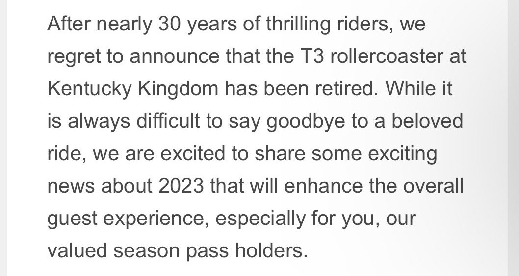 coasterclub's tweet photo. Pour one out for T3 at @KentuckyKingdom 

Rip 🙏🥹 https://t.co/TB5x3hC6An