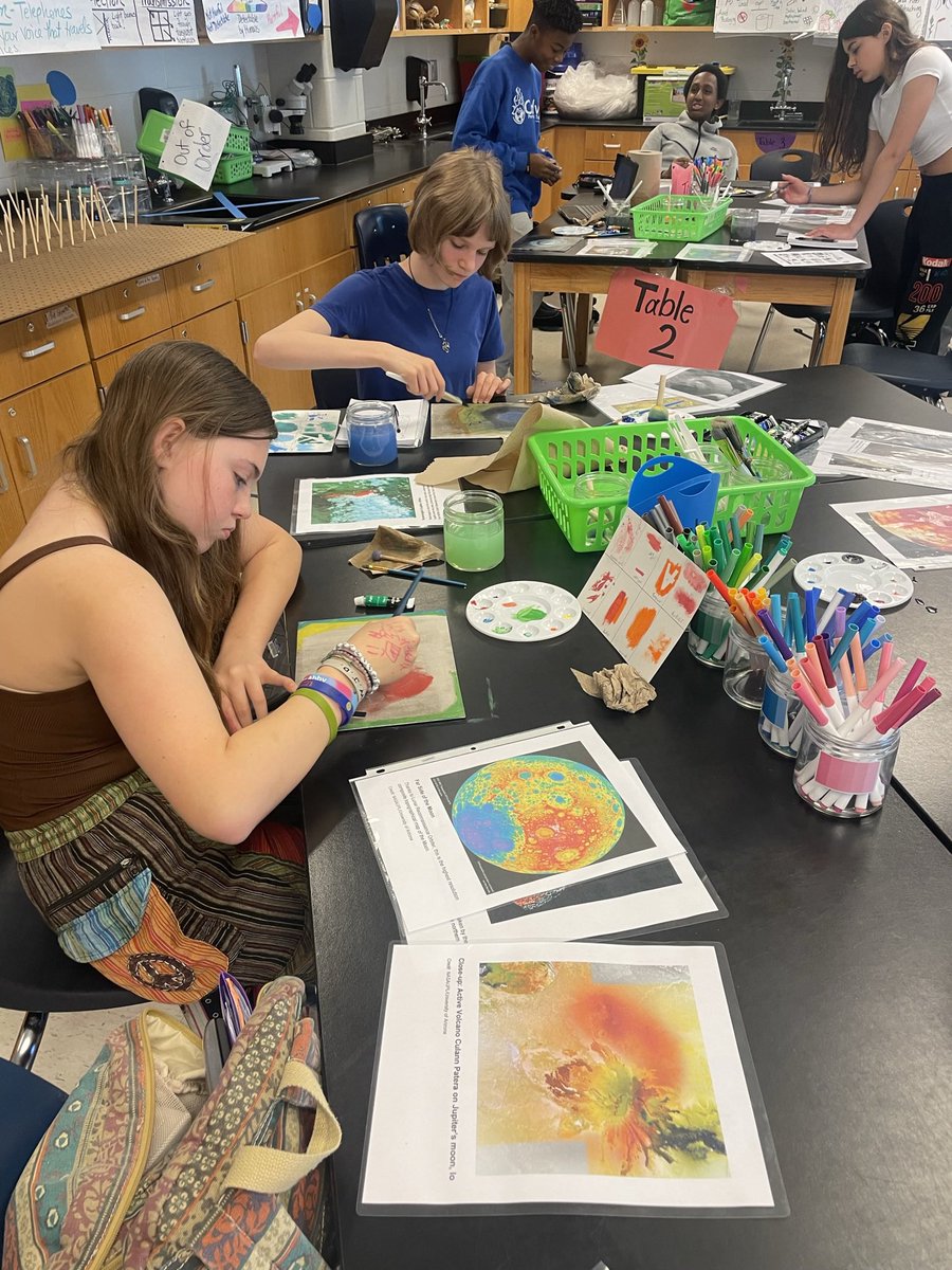 nicoleandwill's tweet photo. 7th graders learned elements of art, composition, and a variety of paint brush strokes along with the solar system and space exploration in this #artsintegrated science unit. @NASA images helped us make a canvas painting of our own. #cosmicart #STEAM @TomahawkCreekMS @PIAURSPCS https://t.co/YUzSXFaKLT