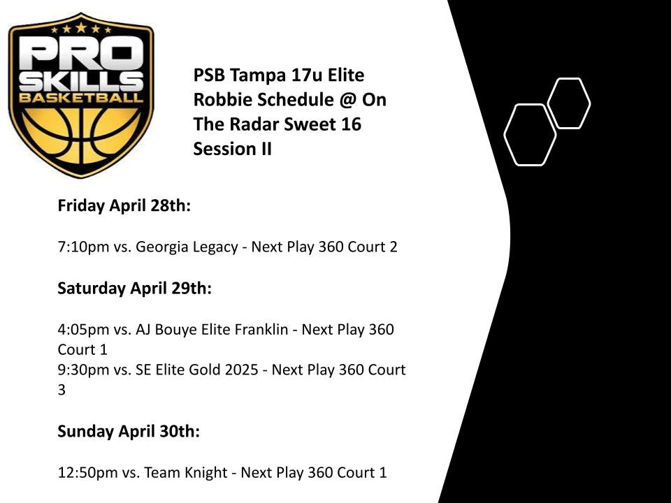 CoachCpRobbie's tweet image. 🚨COACHES🚨

@PSBTampaBay 17u Elite will be at @OntheRadarHoops Sweet 16 Session II this weekend! Check us out! All games will be at Next Play 360. Schedule and roster below 👇: 

@PSBelite