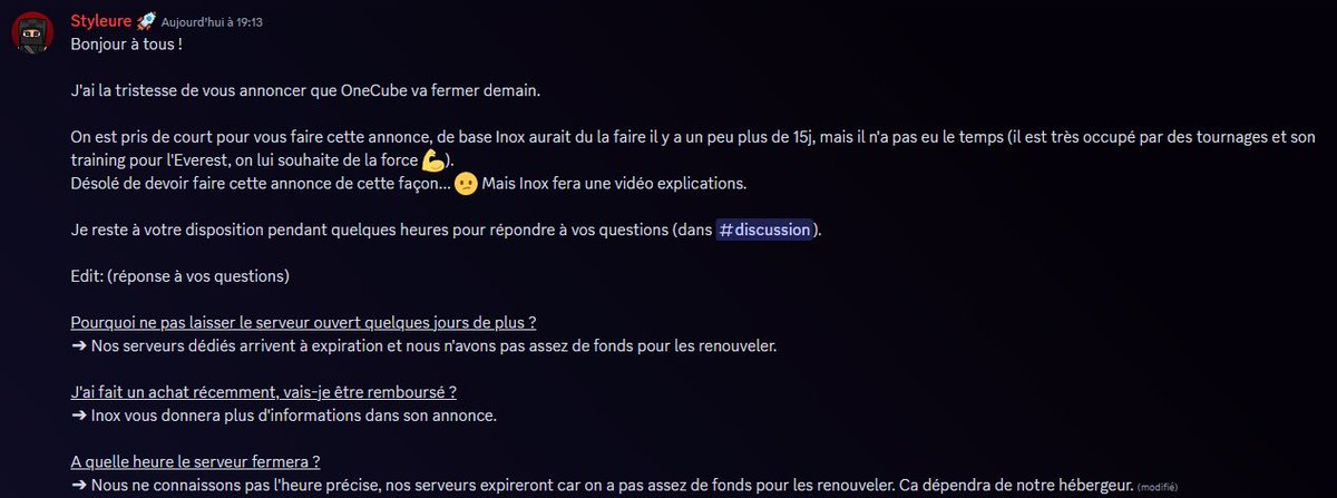 chanrdt's tweet photo. C'est officiel, malhereusement le serveur minecraft de inoxtag #onecube va fermer.

Bien sur il vas faire une video sur sa chaine secondaire pour tout expliquer.

Force à toi inoxtag💪 https://t.co/yqgfNxI2ru