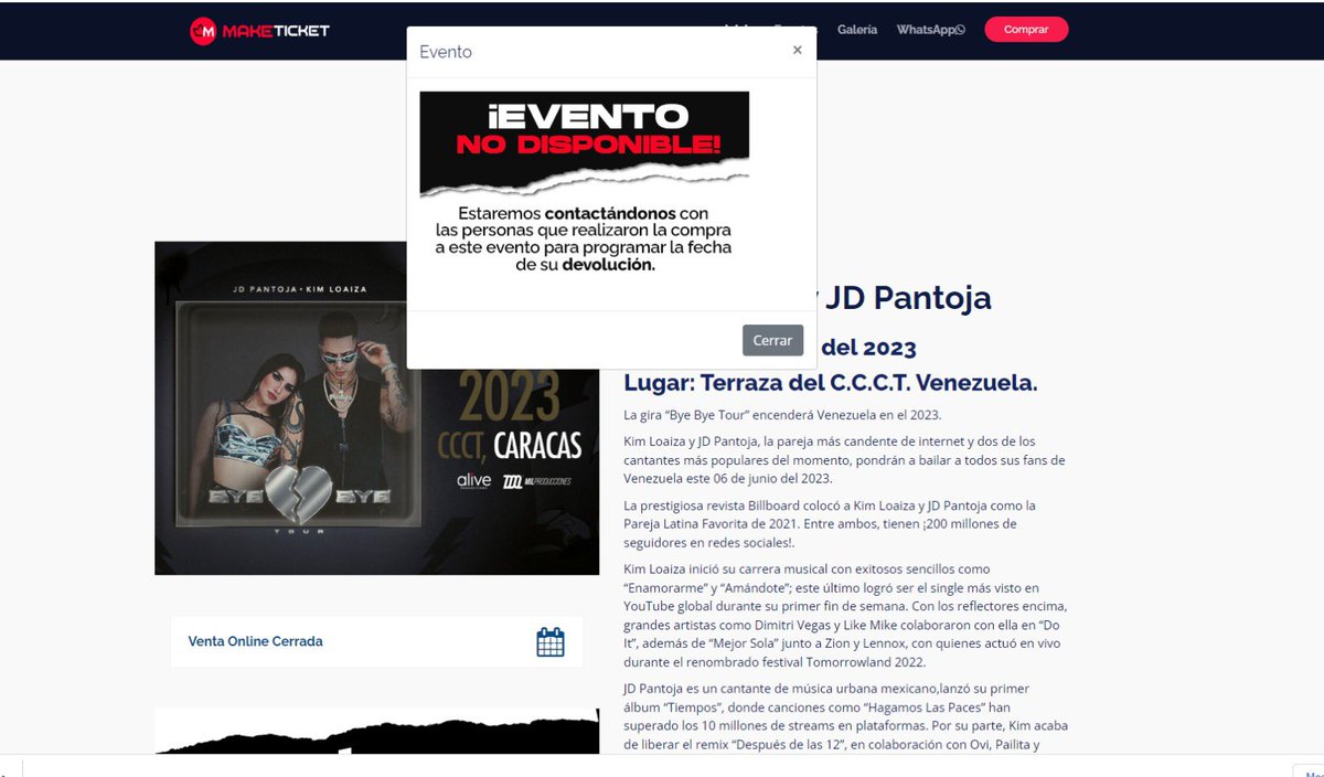 carynpuentes's tweet photo. Triste la cancelación del show de KIM LOAIZA… esperando Maketicket me contacte PRONTO para el reembolso de las entradas 🙏 @carmeLaLongo @SimonBestia https://t.co/w0o8w6UfVM