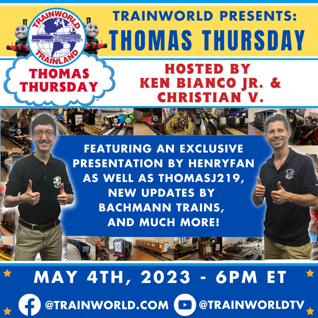 Trainworld's tweet photo. Thomas Thursday? You bet! Due to scheduling changes, we are resorting to Thursday for our next Thomas livestream, featuring @HenryFan91, Thomasj219, & Doug Blaine from @bachmanntrains. We hope that you can make it! LIVE on Facebook & YouTube Thurs 5/4 at 6PM EDT! #thomasthursday #bachmanntrains #thomasmodelrailroading