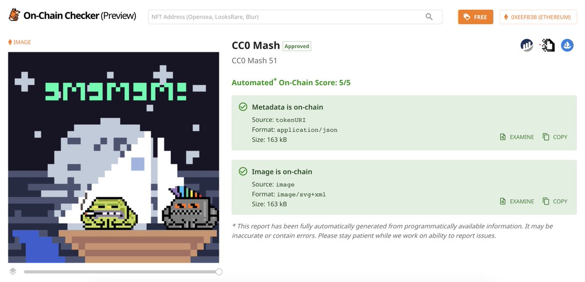 tokenfox1's tweet photo. One of the promises of on-chain art is composability.
CC0 Mash is a prime example of a project that does just that. Take existing CC0 on-chain assets, mash them together and mint new art!
And its now also approved for listing at on-chain checker ๐
@Cc0Mash #OnChainChecker https://t.co/X57Ff13KAw