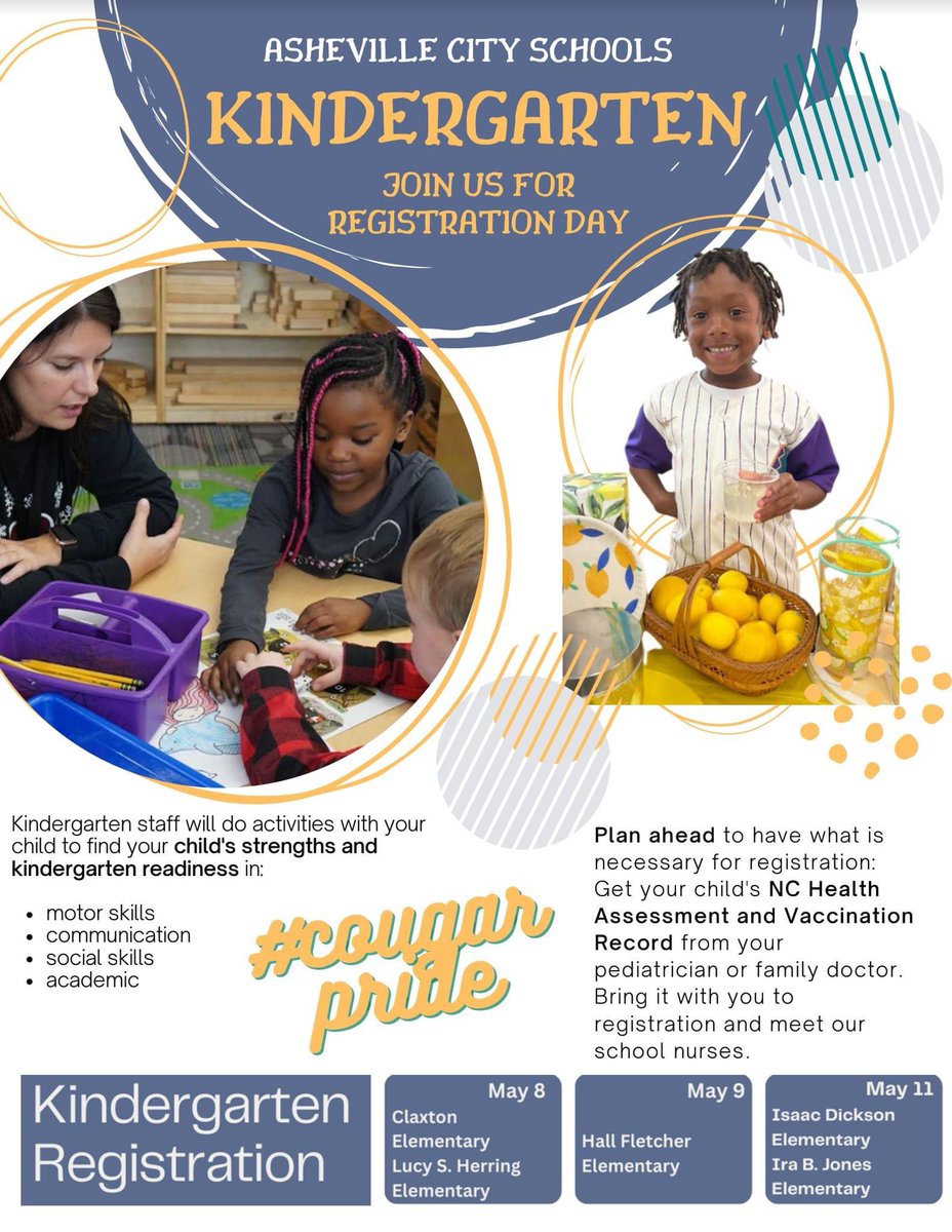 AVLCitySchools's tweet photo. Kindergarten Registration for the 2023-2024 school year is quickly approaching! If you haven't already, you will receive a call from your home school in the next few days to set up an appointment for your family. 

#ACSCougarPride https://t.co/ROxSepy2X9