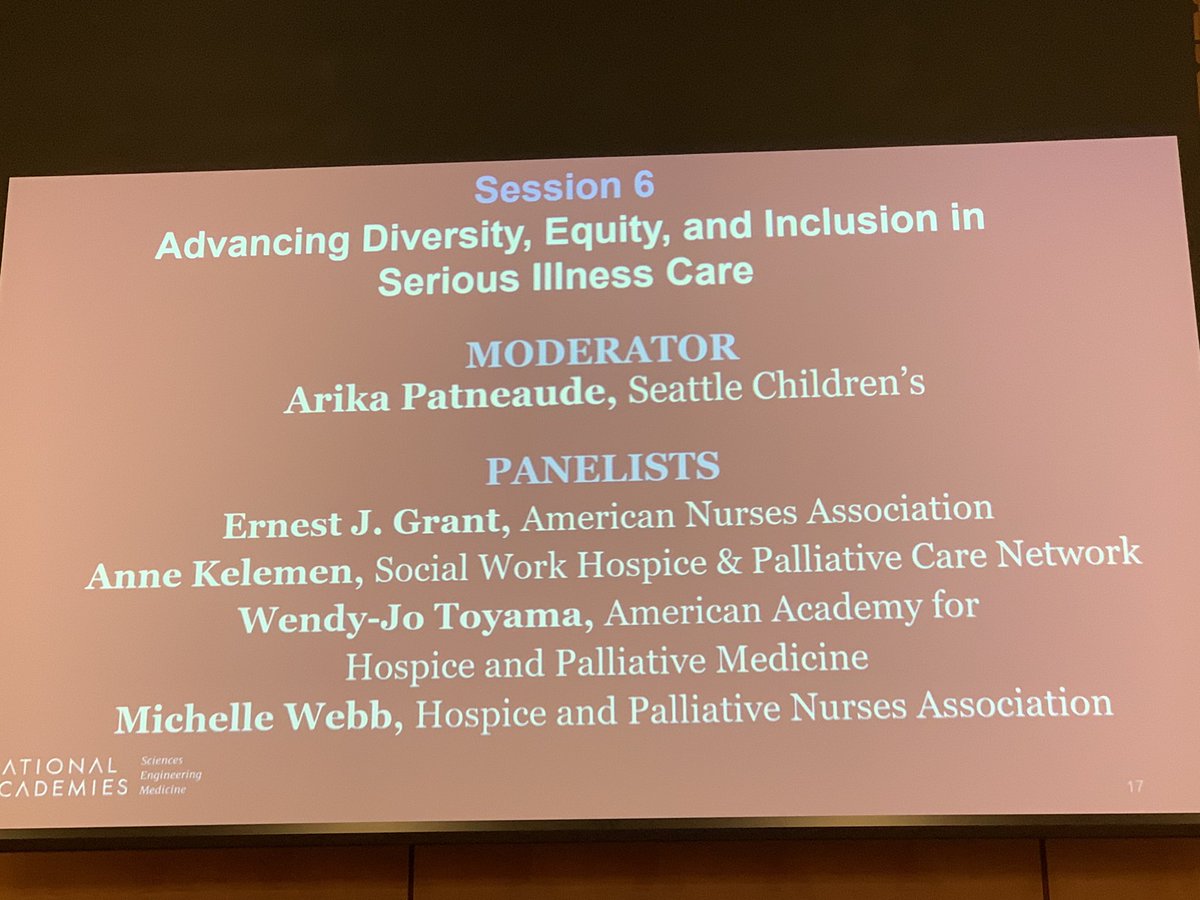 Panel addressing #hapc professional associations and how they are addressing DEI and health equity. @HPNAinfo @AAHPM @SWHPN @ANANursingWorld doing accountable work. Thank you for being leaders. @NASEM_Health