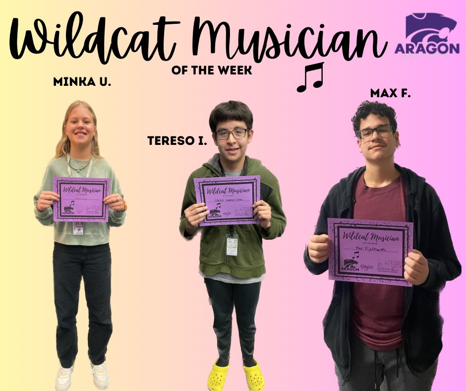 AragonWildcats's tweet photo. Our #WildcatMusiciansOfTheWeek are working hard even with summer quickly approaching! Congrats to Minka, Tereso, and Max! Thank you for your #WildcatExcellence https://t.co/JOc33pcHTA
