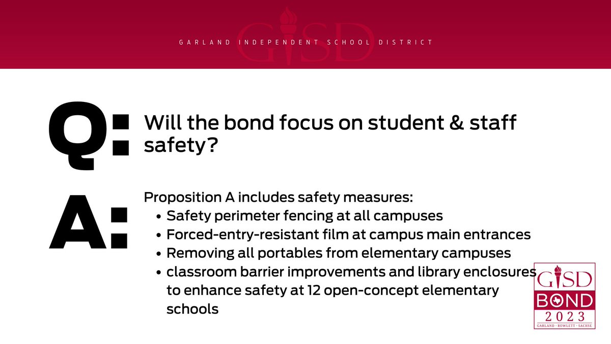 ICYMI: Take a look at all the Bond 2023 Q&amp;As we've posted this week! For more info on the bond, please visit garlandisd.net/bond2023

To view a list of early voting locations, dates, and times, please visit dallascountyvotes.org/wp-content/upl…