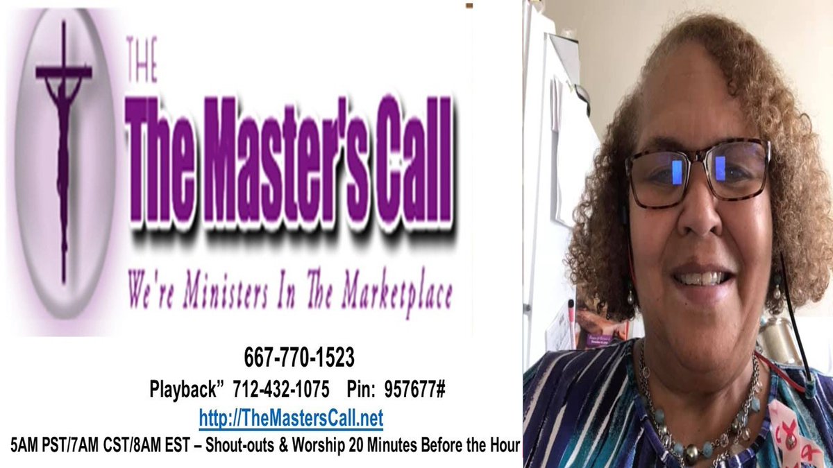 NQueenDallas's tweet photo. The Master's Call [TMC] . . . 667-770-1523 pin 957677#. Playback# @ 712-432-1085 pin - 957677#
Worship In Song - 6:40AM CST
Dial 1st 716-293-9707 or 720-844-1215 to avoid charges if needed.
Today, Minister Janice Robinson ministered on 'In All Innocence'
https://t.co/Ms012WJRgU https://t.co/zO82Ayjnwp