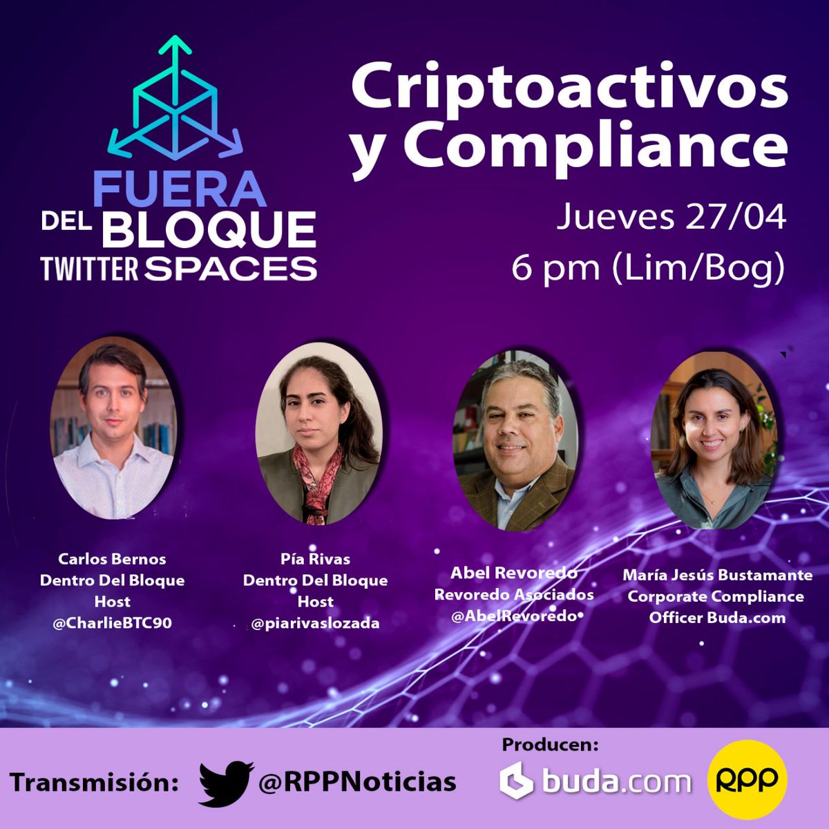 🔴 Hoy #EnVivo en #TwitterSpace a las 6️⃣ p.m. 🕒:
Hablaremos con Maria Jesus Bustamante y <a href="/AbelRevoredo/">Abel Revoredo (revoredo.eth)</a> para conversar de un tema del que poco se habla: Criptoactivos y Compliance.  
 
👉 Producido por: <a href="/RPPNoticias/">RPP Noticias</a>  y <a href="/BudaPuntoCom/">Buda.com</a>
#SpacesRadarESP #Criptoactivos #Tributación