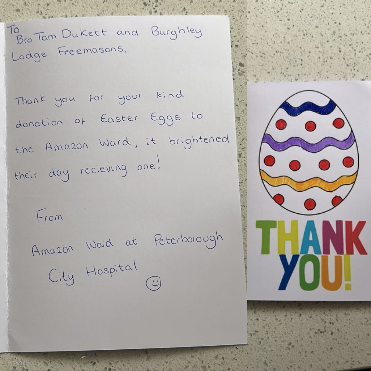 After our recent Easter Egg drive, the lovely people at Amazon Ward at Peterborough City Hospital did us a little card to say thanks. It was very gratefully received. #Freemasonry #Freemasons